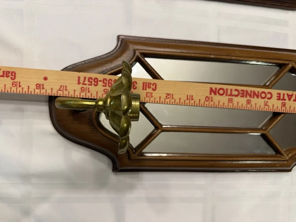 Vintage MCM Metal Mirrored Candle Wall Sconces Faux Wood Sexton HODA Pair
